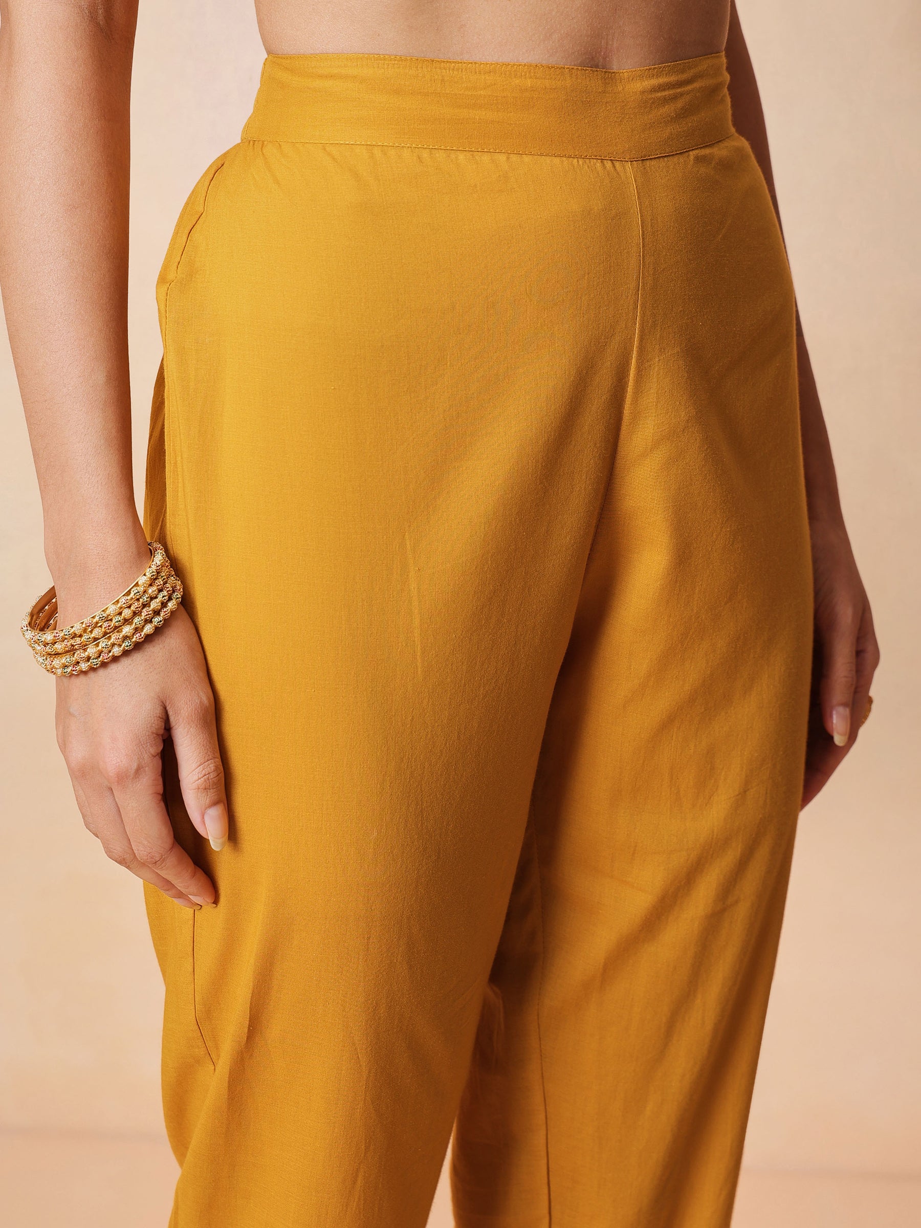 Women Yellow Chanderi Anarkali Kurta With Straight Pants & Dupatta