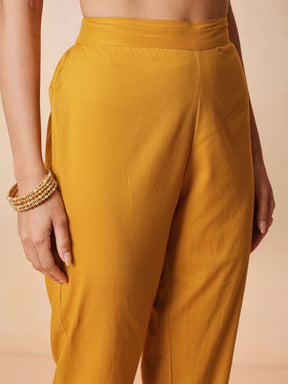 Women Yellow Chanderi Anarkali Kurta With Straight Pants & Dupatta