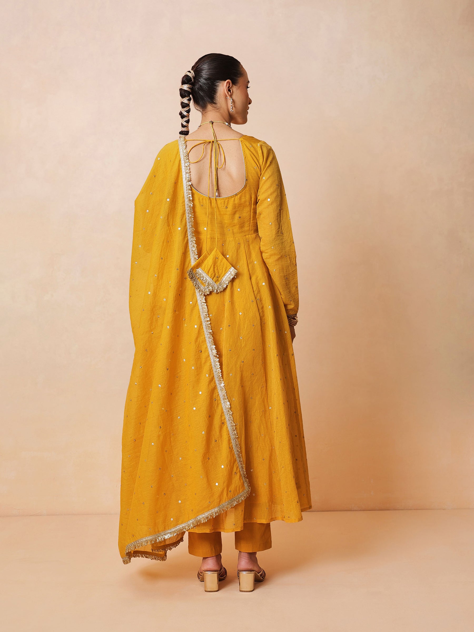 Women Yellow Chanderi Anarkali Kurta With Straight Pants & Dupatta