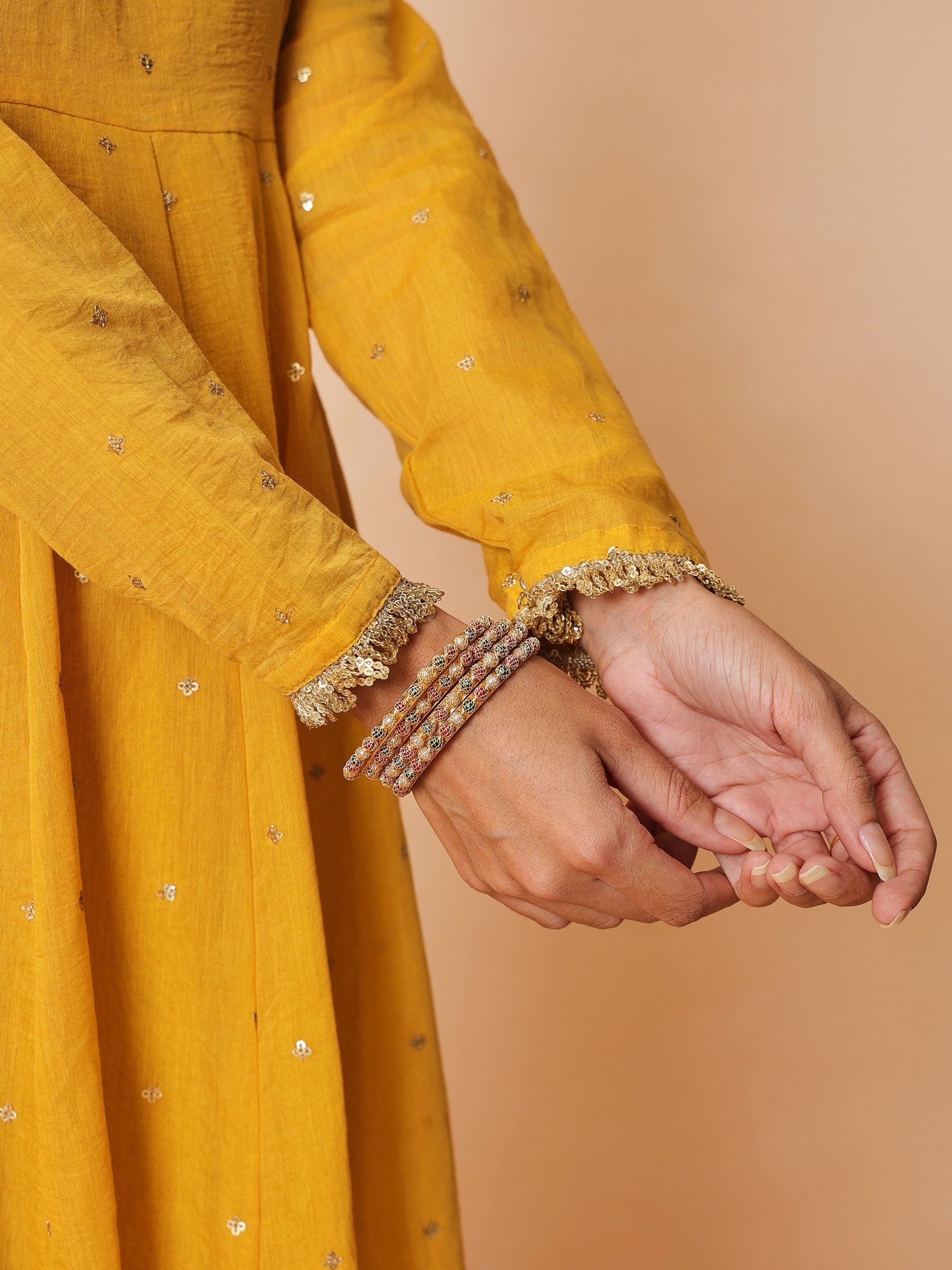 Women Yellow Chanderi Anarkali Kurta With Straight Pants & Dupatta