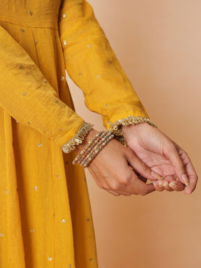 Women Yellow Chanderi Anarkali Kurta With Straight Pants & Dupatta