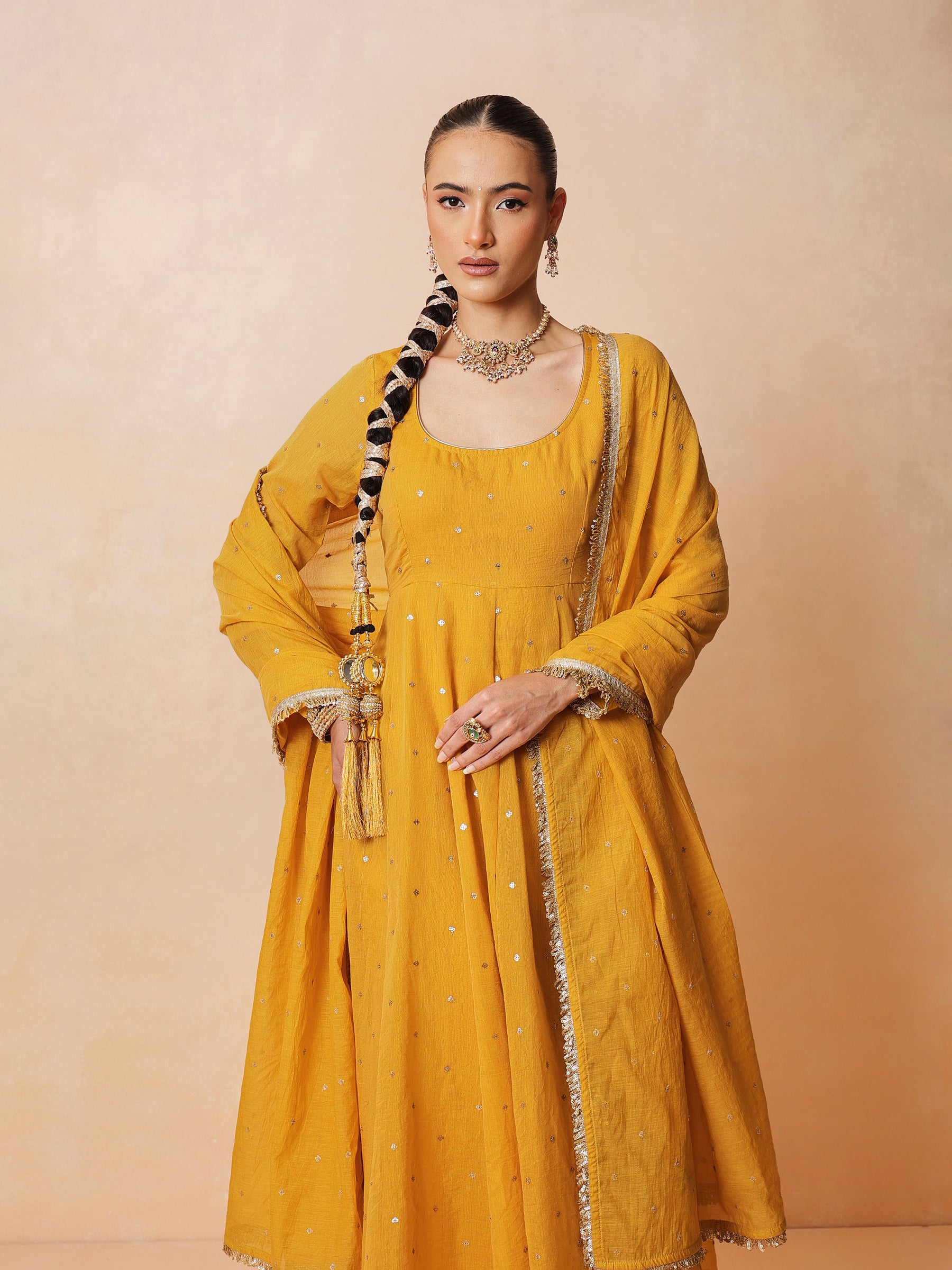 Women Yellow Chanderi Anarkali Kurta With Straight Pants & Dupatta
