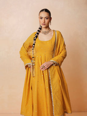 Women Yellow Chanderi Anarkali Kurta With Straight Pants & Dupatta