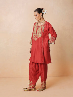 Maroon Embroidered Choga Kurta With Farshi Salwar & Dupatta-Luxe - Shae by SASSAFRAS