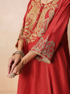 Women Maroon Embroidered Choga Kurta With Farshi Salwar & Dupatta