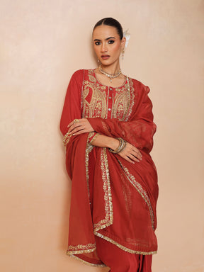 Women Maroon Embroidered Choga Kurta With Farshi Salwar & Dupatta