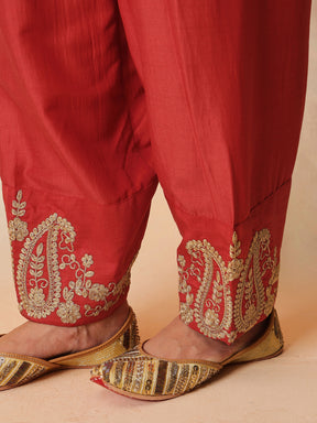 Women Maroon Embroidered Choga Kurta With Farshi Salwar & Dupatta