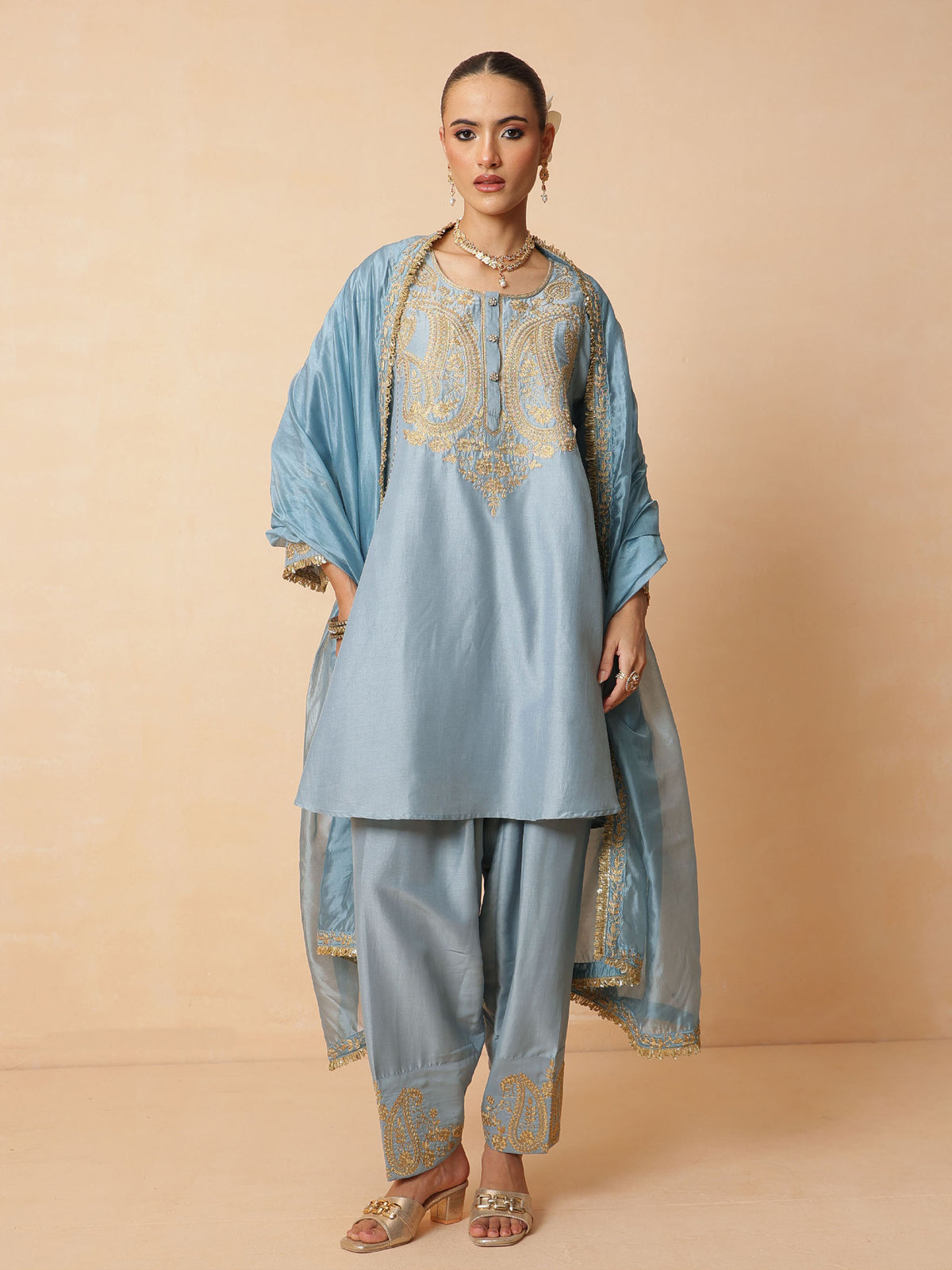 Powder Blue Embroidered Choga Kurta With Farshi Salwar & Dupatta-Luxe - Shae by SASSAFRAS