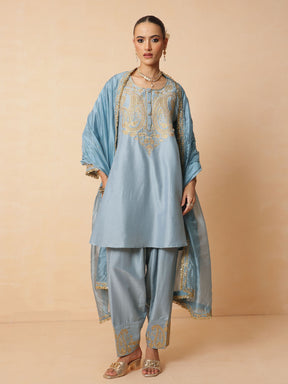 Powder Blue Embroidered Choga Kurta With Farshi Salwar & Dupatta-Luxe - Shae by SASSAFRAS