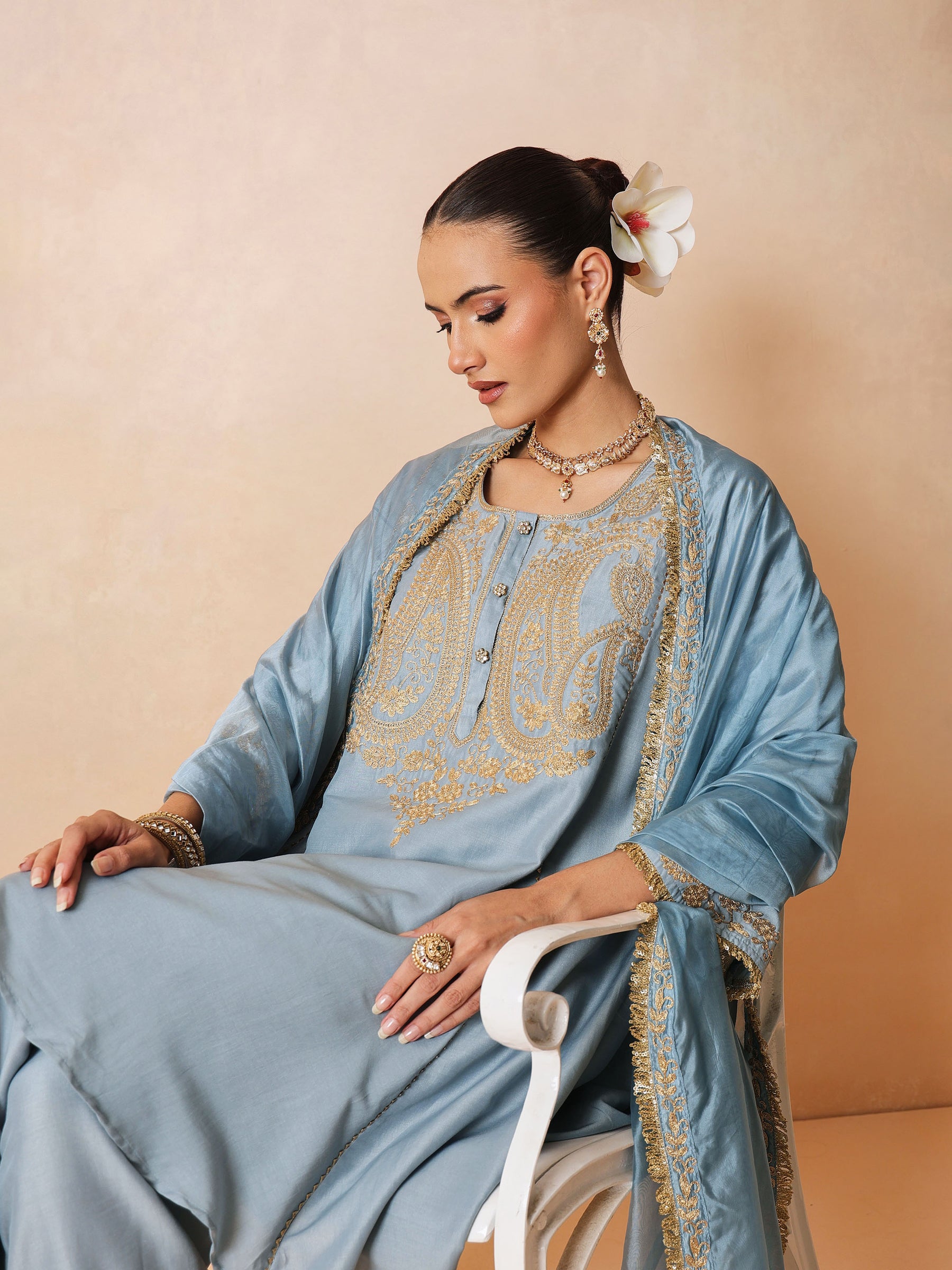 Women Powder Blue Embroidered Choga Kurta With Farshi Salwar & Dupatta