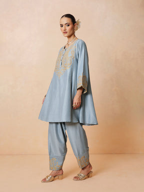 Powder Blue Embroidered Choga Kurta With Farshi Salwar & Dupatta-Luxe - Shae by SASSAFRAS