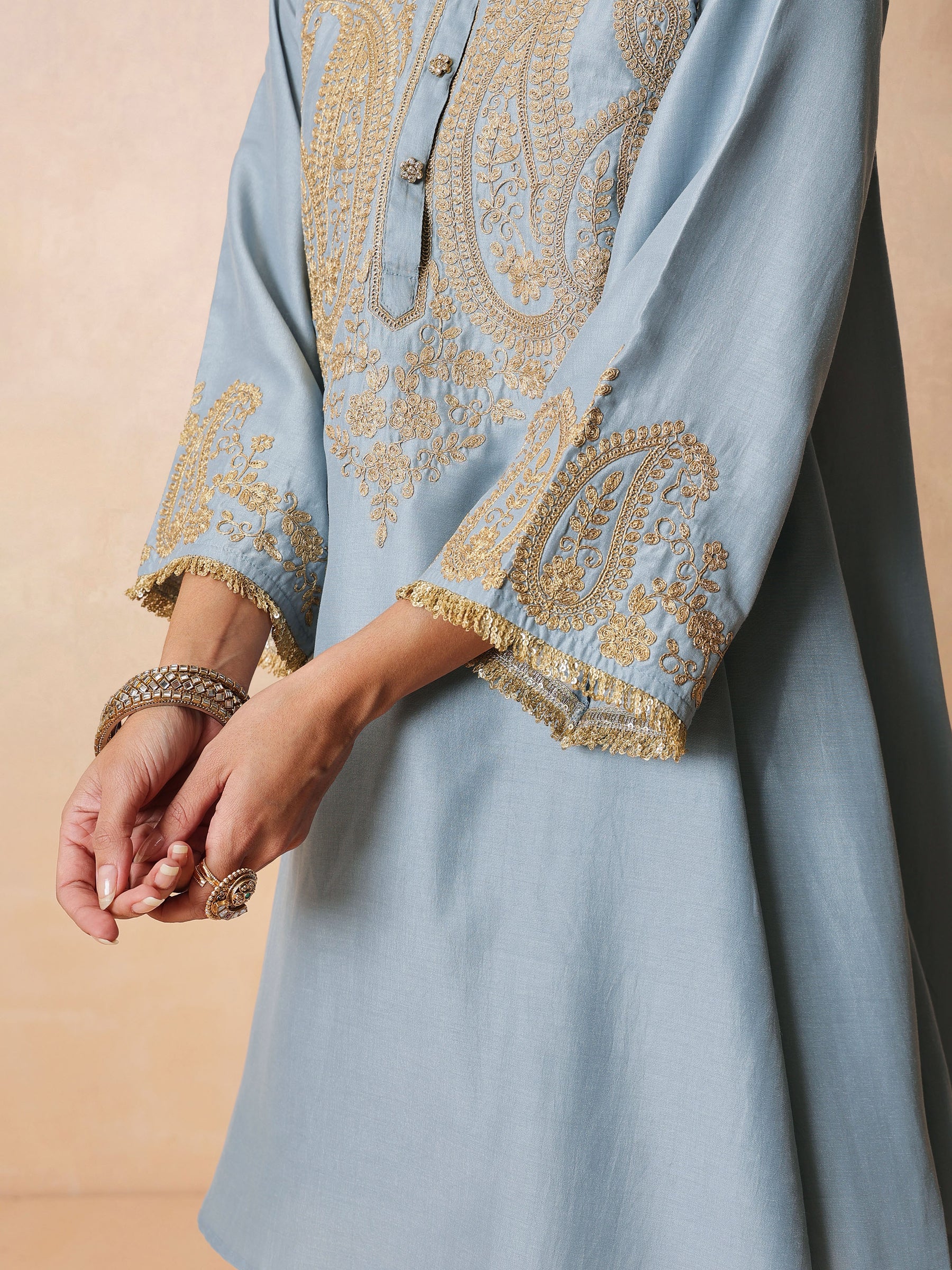 Women Powder Blue Embroidered Choga Kurta With Farshi Salwar & Dupatta