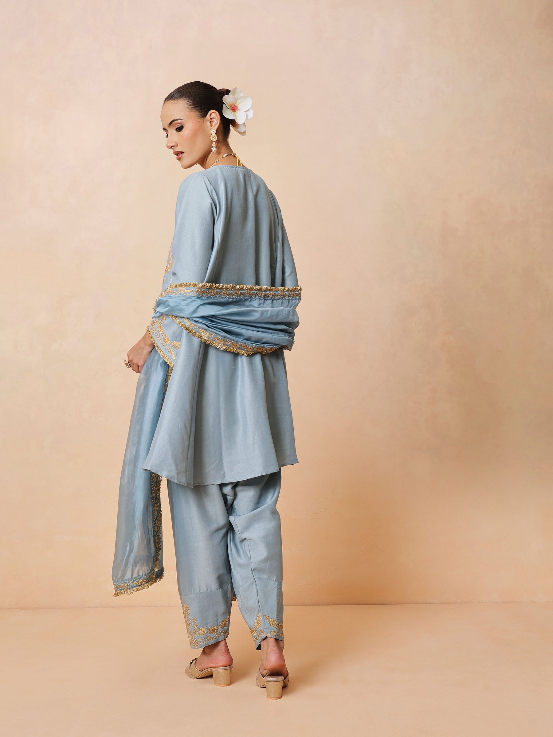 Women Powder Blue Embroidered Choga Kurta With Farshi Salwar & Dupatta