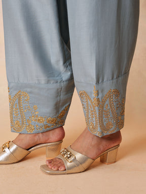 Women Powder Blue Embroidered Choga Kurta With Farshi Salwar & Dupatta