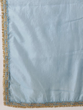 Women Powder Blue Embroidered Choga Kurta With Farshi Salwar & Dupatta