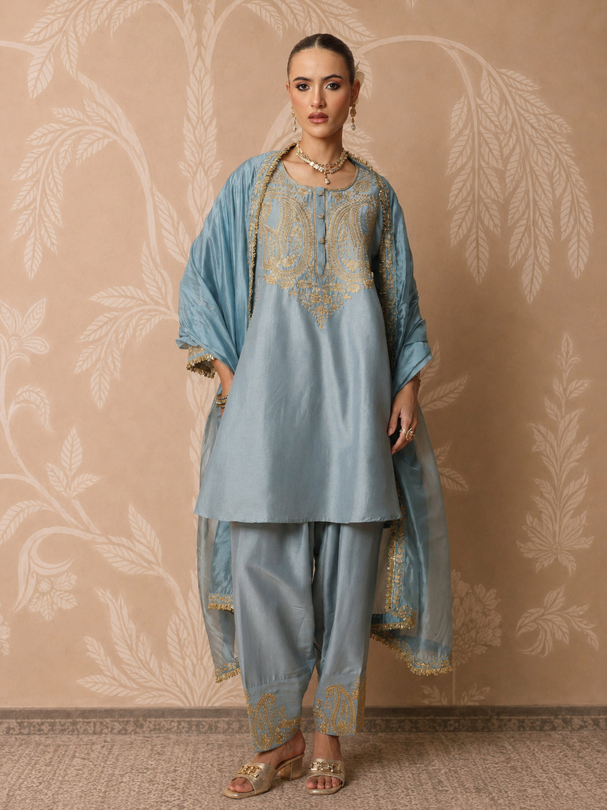 Women Powder Blue Embroidered Choga Kurta With Farshi Salwar & Dupatta
