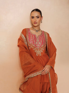 Orange Embroidered Short Kurta With Farshi Salwar & Dupatta-Luxe - Shae by SASSAFRAS