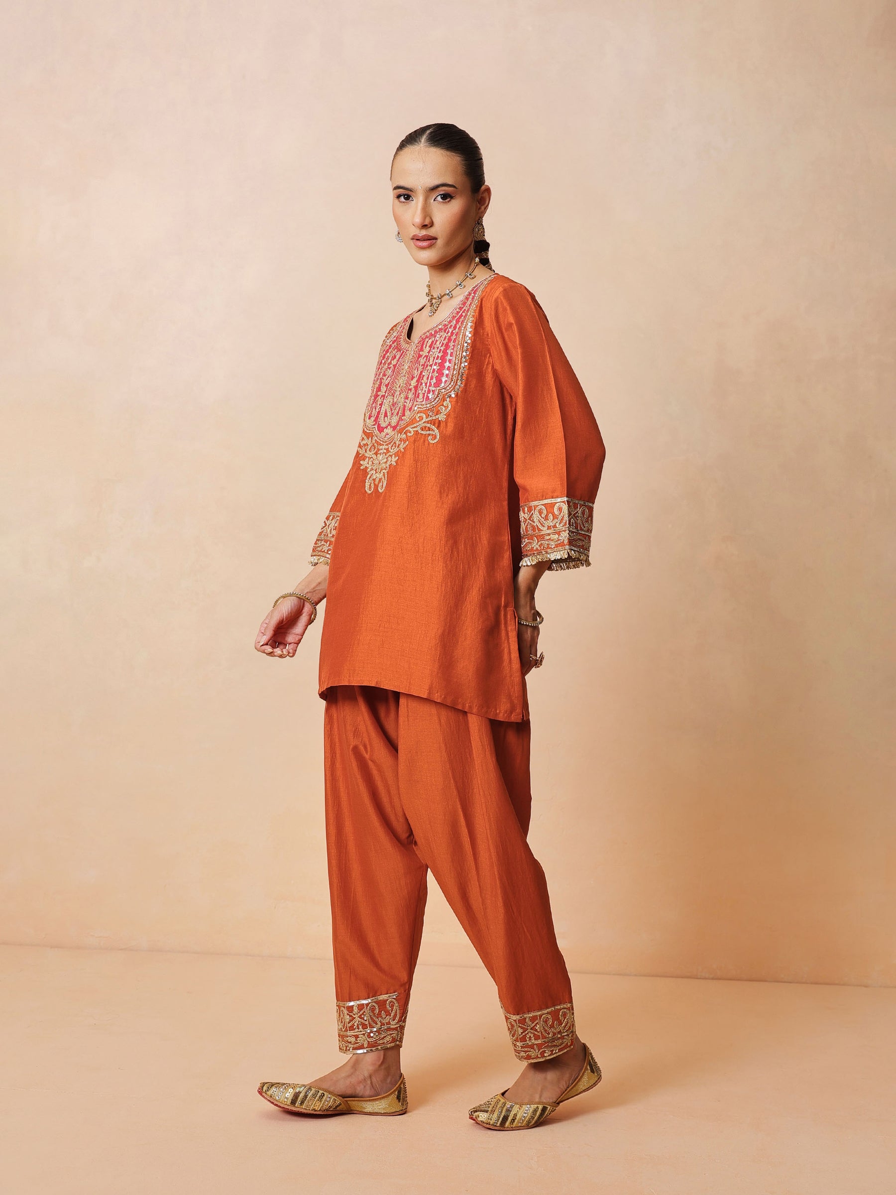 Orange Embroidered Short Kurta With Farshi Salwar & Dupatta-Luxe - Shae by SASSAFRAS