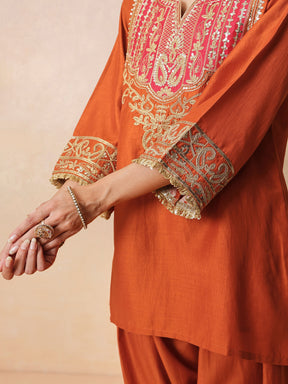Women Orange Embroidered Short Kurta With Farshi Salwar & Dupatta