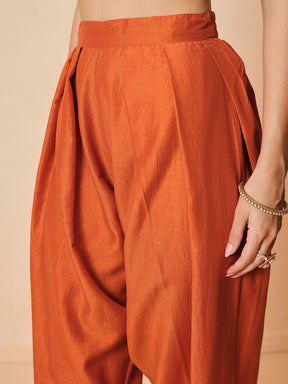 Women Orange Embroidered Short Kurta With Farshi Salwar & Dupatta