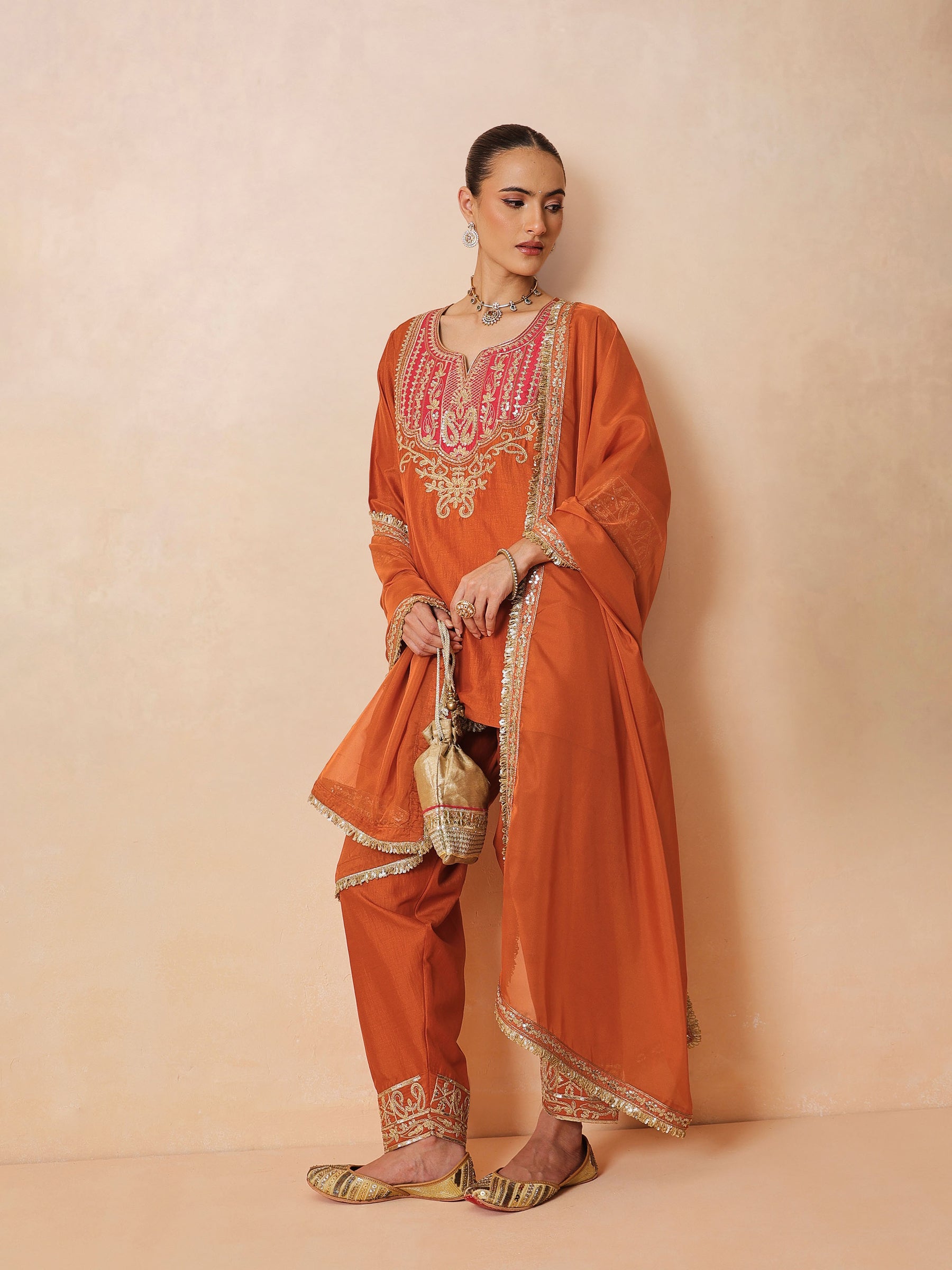 Women Orange Embroidered Short Kurta With Farshi Salwar & Dupatta