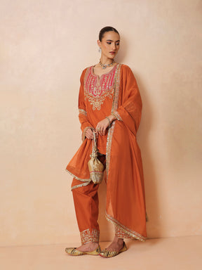 Women Orange Embroidered Short Kurta With Farshi Salwar & Dupatta