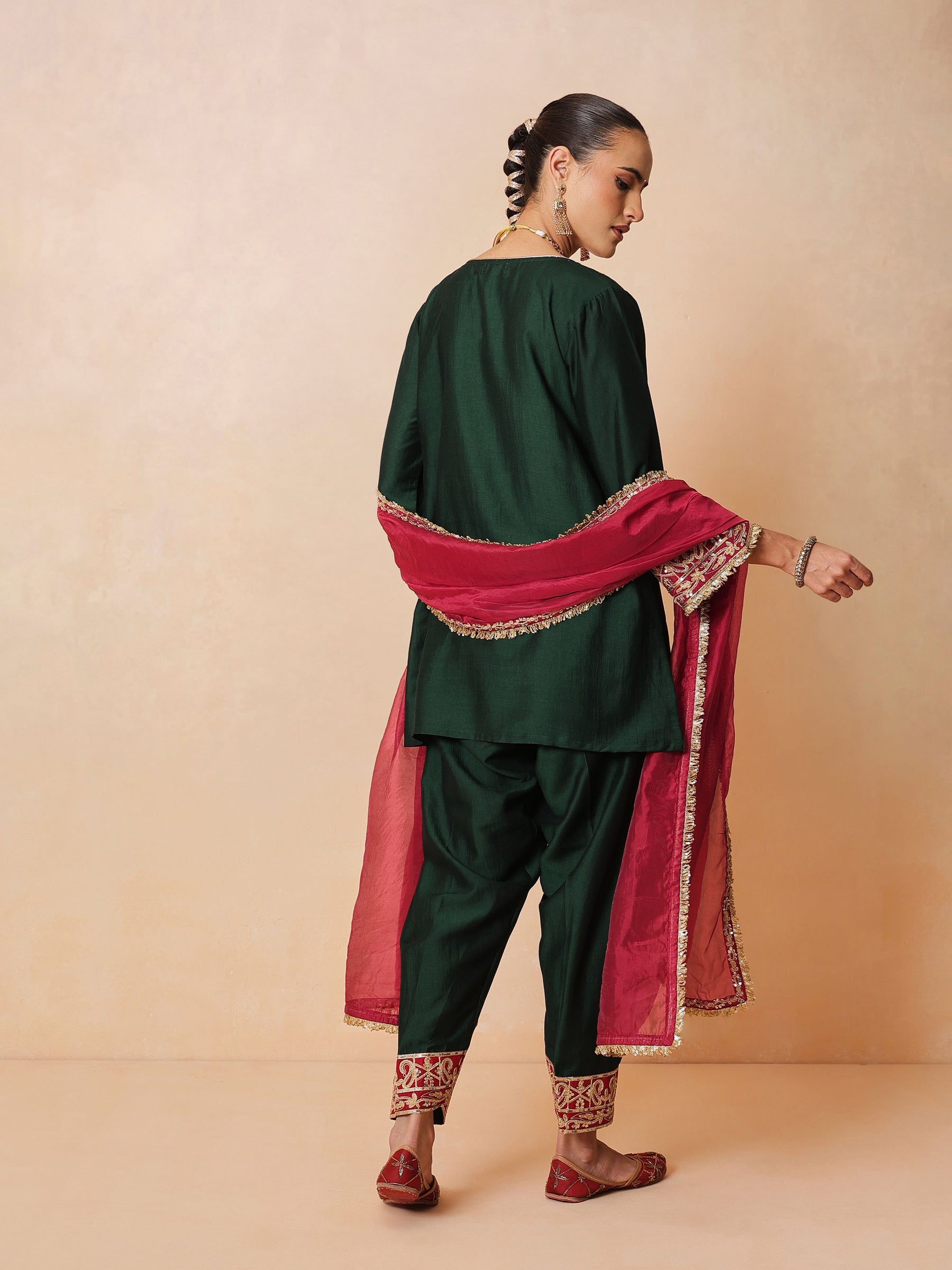 Green Embroidered Short Kurta With Farshi Salwar & Dupatta-Luxe - Shae by SASSAFRAS