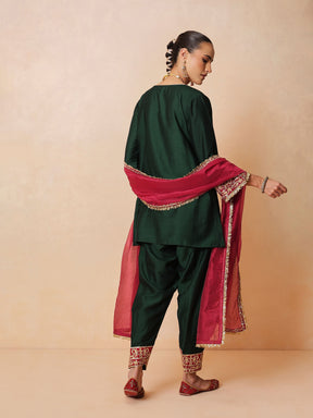 Green Embroidered Short Kurta With Farshi Salwar & Dupatta-Luxe - Shae by SASSAFRAS