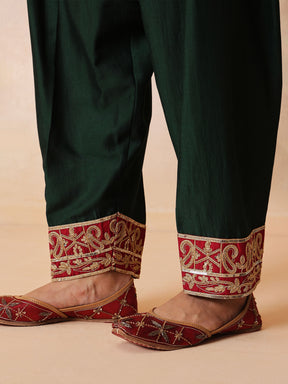 Women Green Embroidered Short Kurta With Farshi Salwar & Dupatta