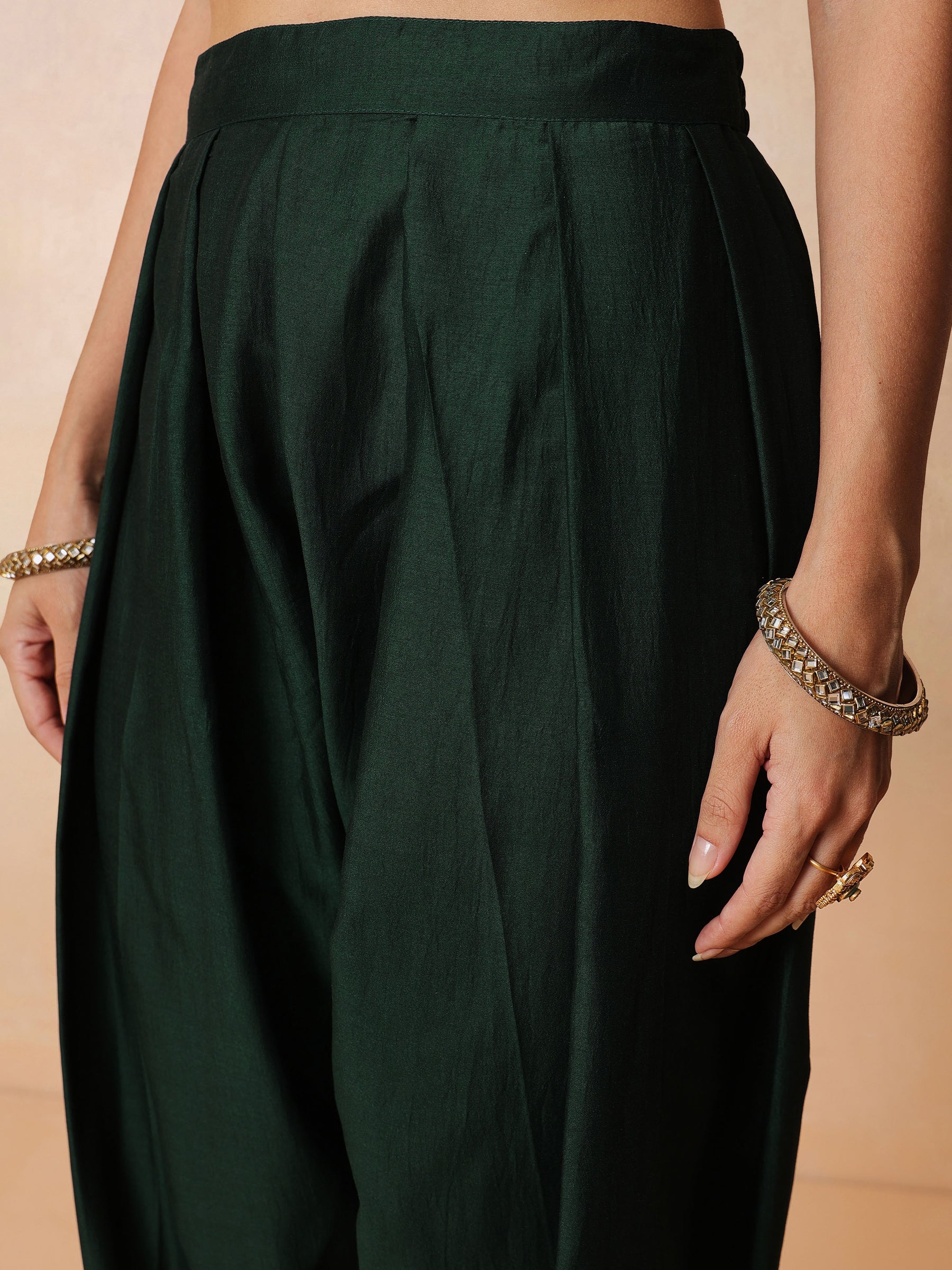 Women Green Embroidered Short Kurta With Farshi Salwar & Dupatta