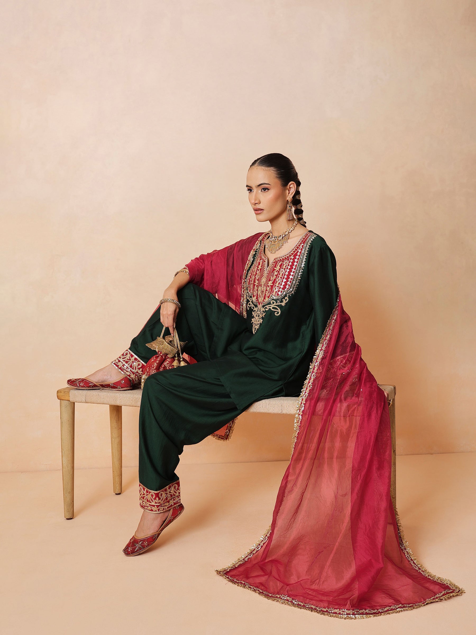 Women Green Embroidered Short Kurta With Farshi Salwar & Dupatta