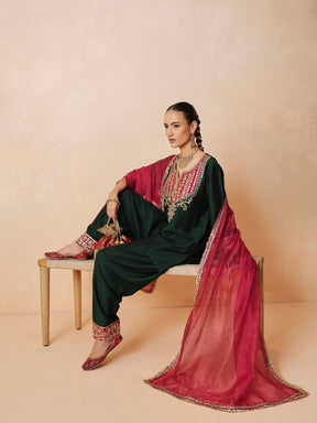 Women Green Embroidered Short Kurta With Farshi Salwar & Dupatta