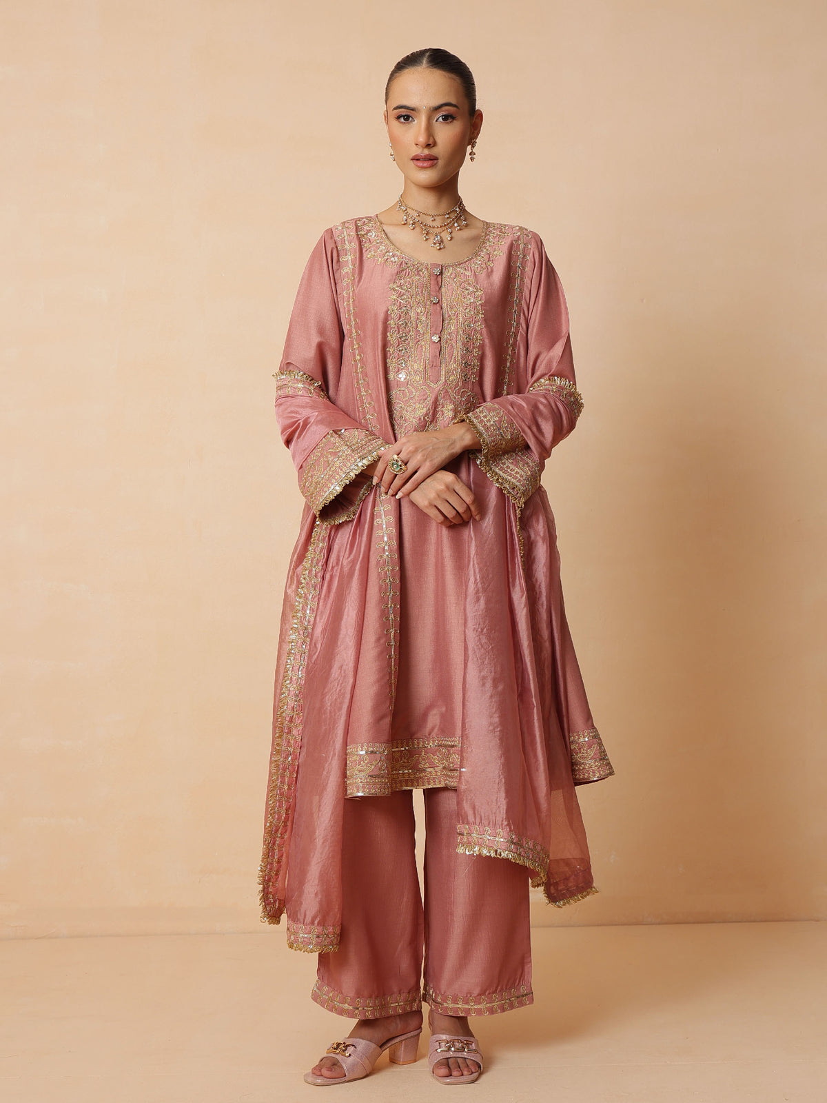 Onion Pink Embroidered Choga Kurta With Straight Pant & Dupatta-Luxe - Shae by SASSAFRAS