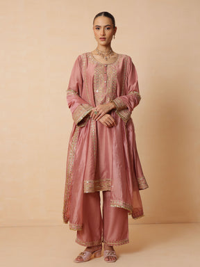Onion Pink Embroidered Choga Kurta With Straight Pant & Dupatta-Luxe - Shae by SASSAFRAS