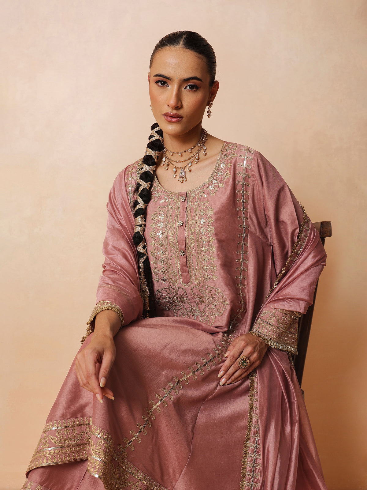 Women Onion Pink Embroidered Choga Kurta With Straight Pant & Dupatta