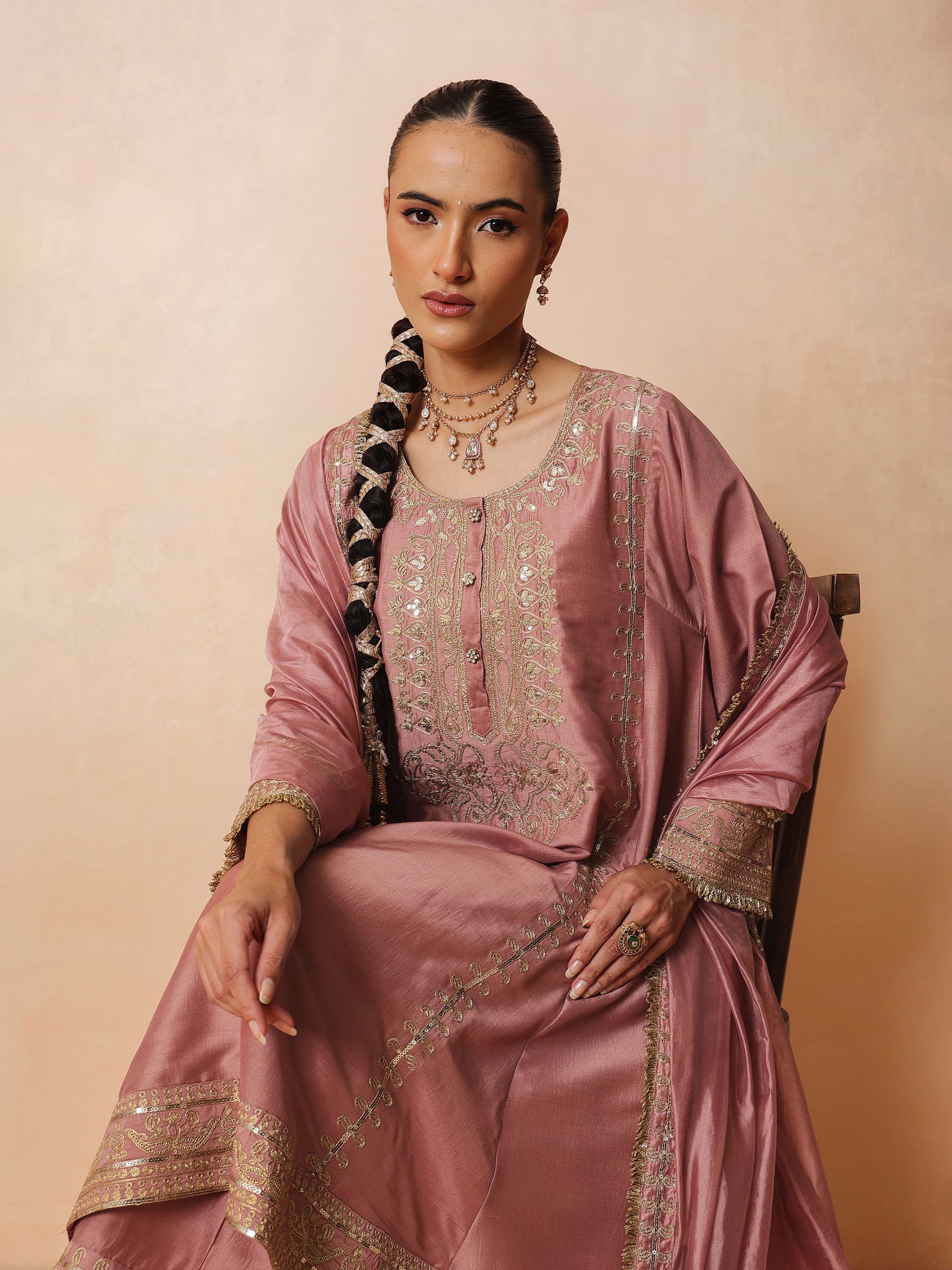 Women Onion Pink Embroidered Choga Kurta With Straight Pant & Dupatta