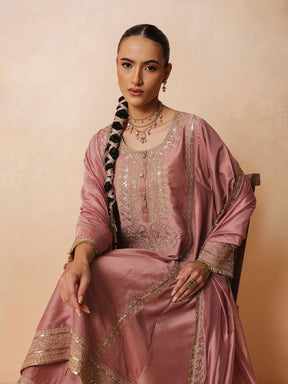 Women Onion Pink Embroidered Choga Kurta With Straight Pant & Dupatta