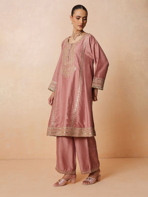 Onion Pink Embroidered Choga Kurta With Straight Pant & Dupatta-Luxe - Shae by SASSAFRAS