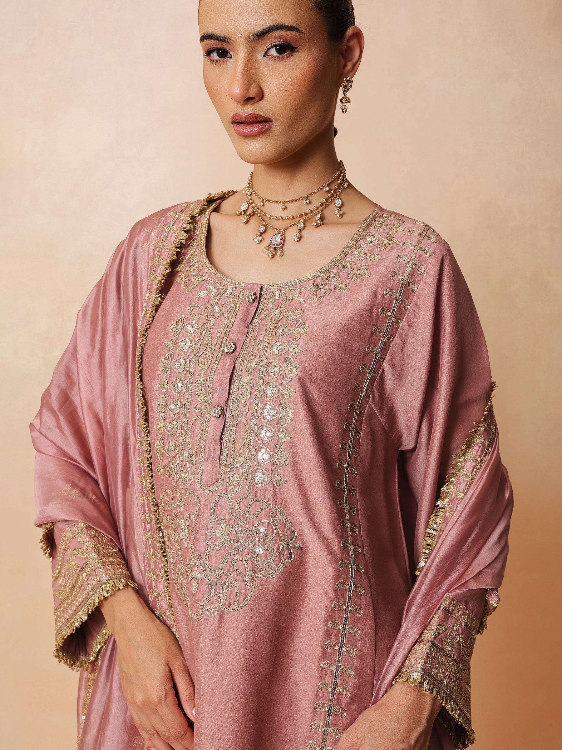Onion Pink Embroidered Choga Kurta With Straight Pant & Dupatta-Luxe - Shae by SASSAFRAS
