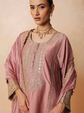 Women Onion Pink Embroidered Choga Kurta With Straight Pant & Dupatta