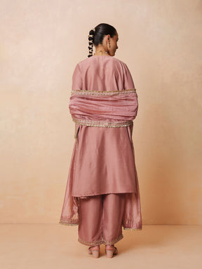 Women Onion Pink Embroidered Choga Kurta With Straight Pant & Dupatta