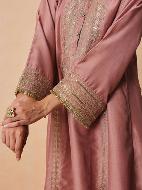 Women Onion Pink Embroidered Choga Kurta With Straight Pant & Dupatta