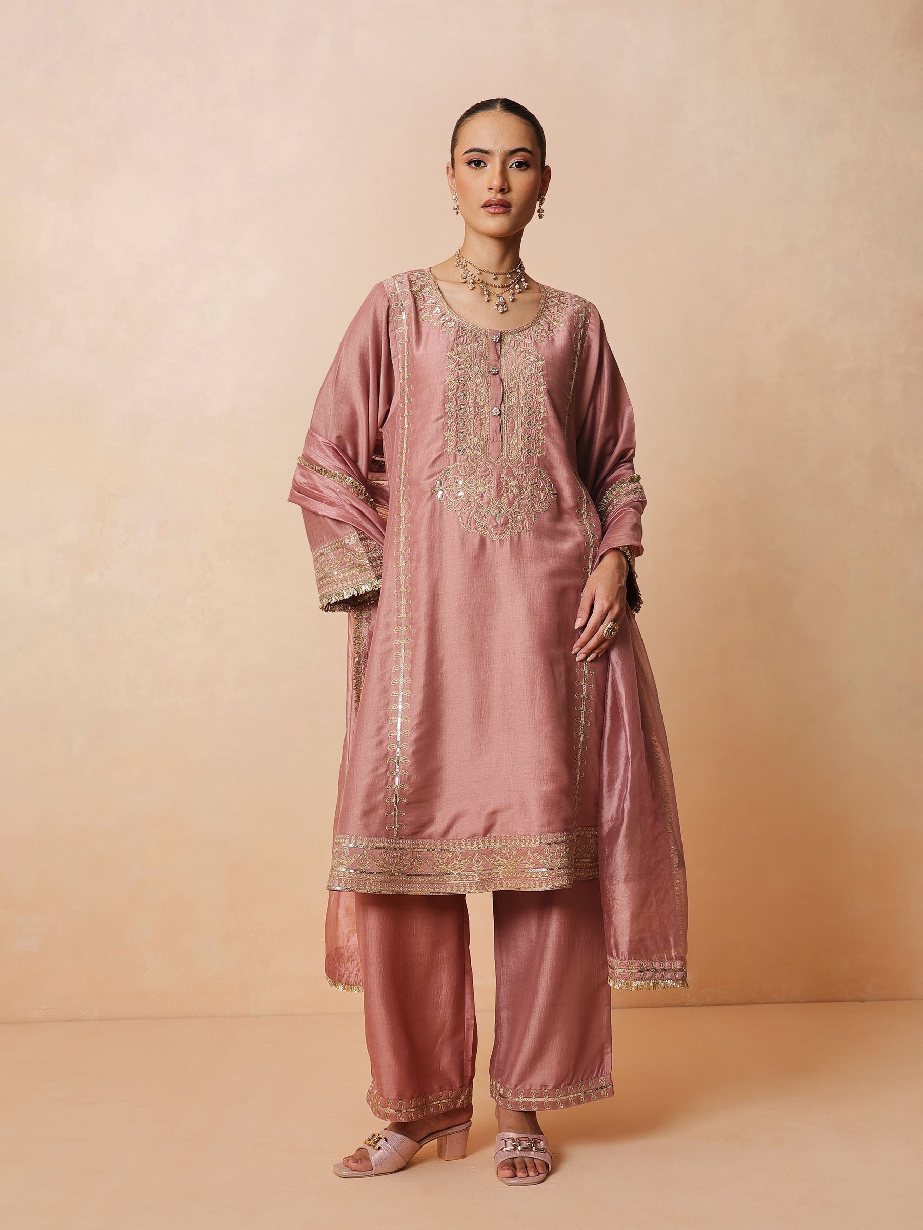 Women Onion Pink Embroidered Choga Kurta With Straight Pant & Dupatta