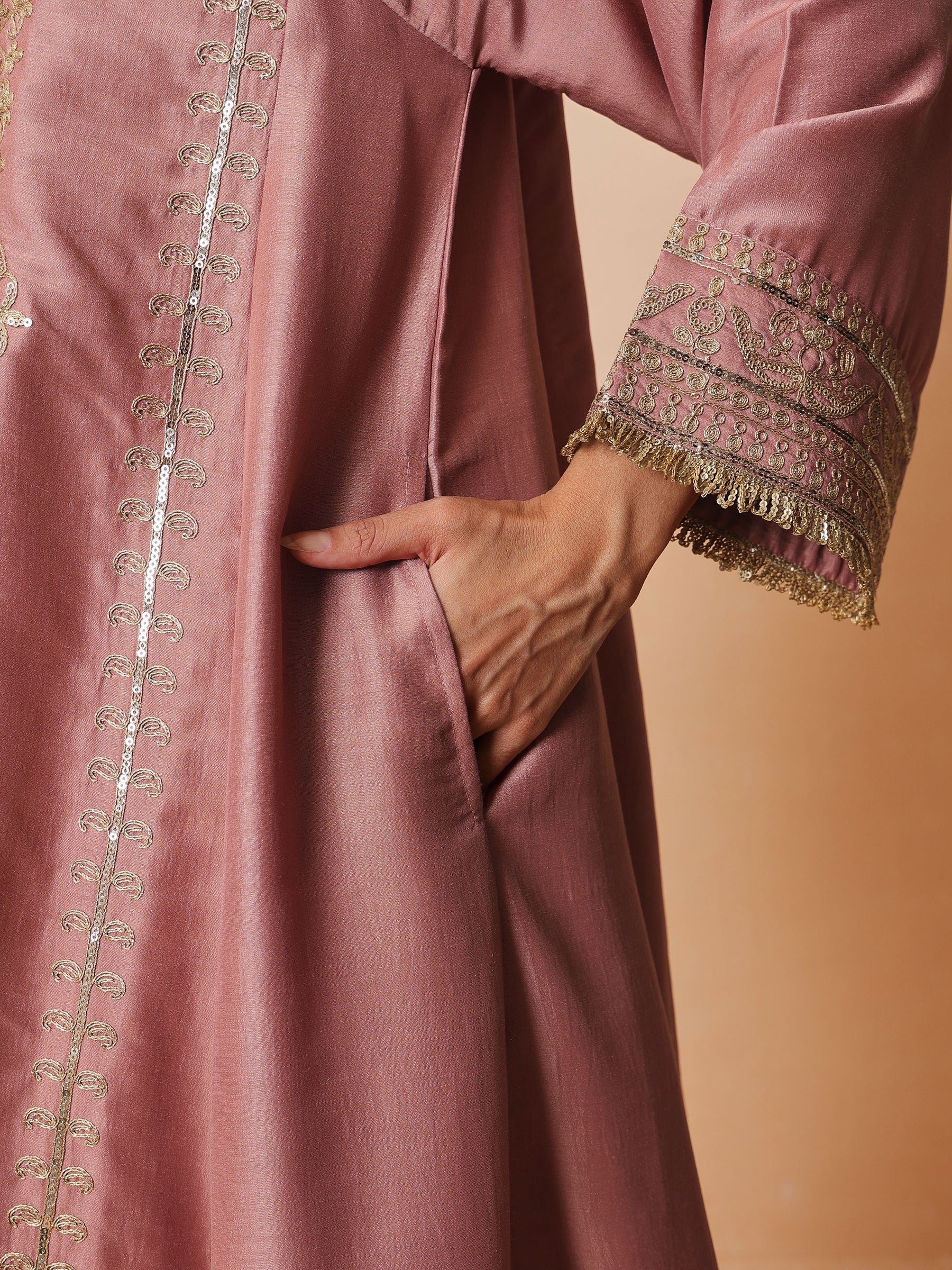 Women Onion Pink Embroidered Choga Kurta With Straight Pant & Dupatta