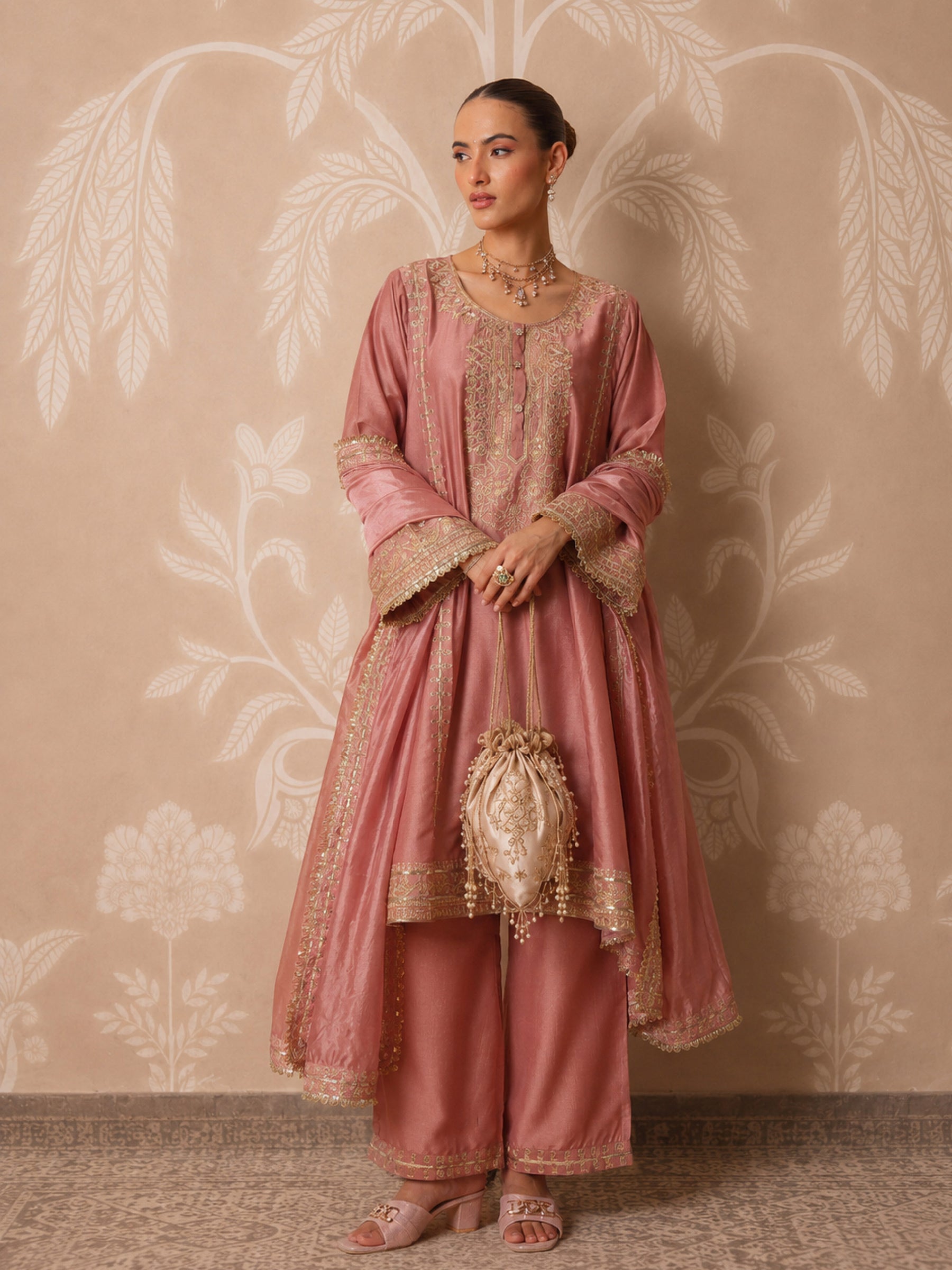 Women Onion Pink Embroidered Choga Kurta With Straight Pant & Dupatta