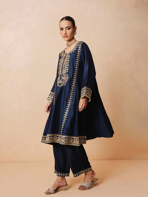 Navy Embroidered Choga Kurta With Straight Pant & Dupatta-Luxe - Shae by SASSAFRAS