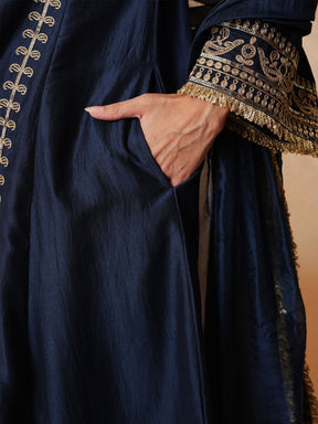 Women Navy Embroidered Choga Kurta With Straight Pant & Dupatta
