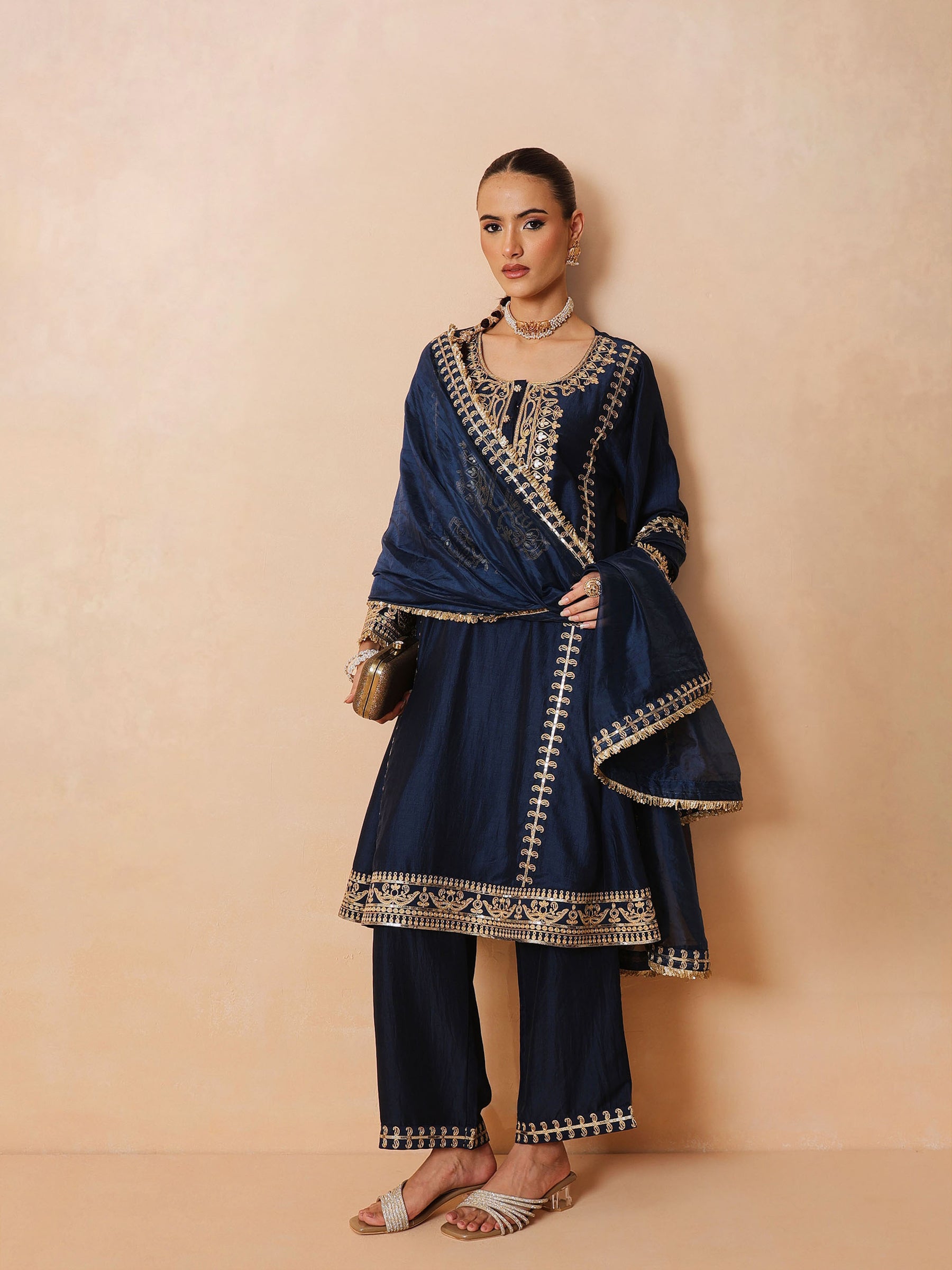 Women Navy Embroidered Choga Kurta With Straight Pant & Dupatta