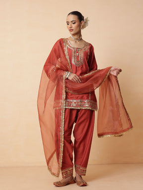 Rust Embroidered Short Kurta With Farshi Salwar & Dupatta-Luxe - Shae by SASSAFRAS