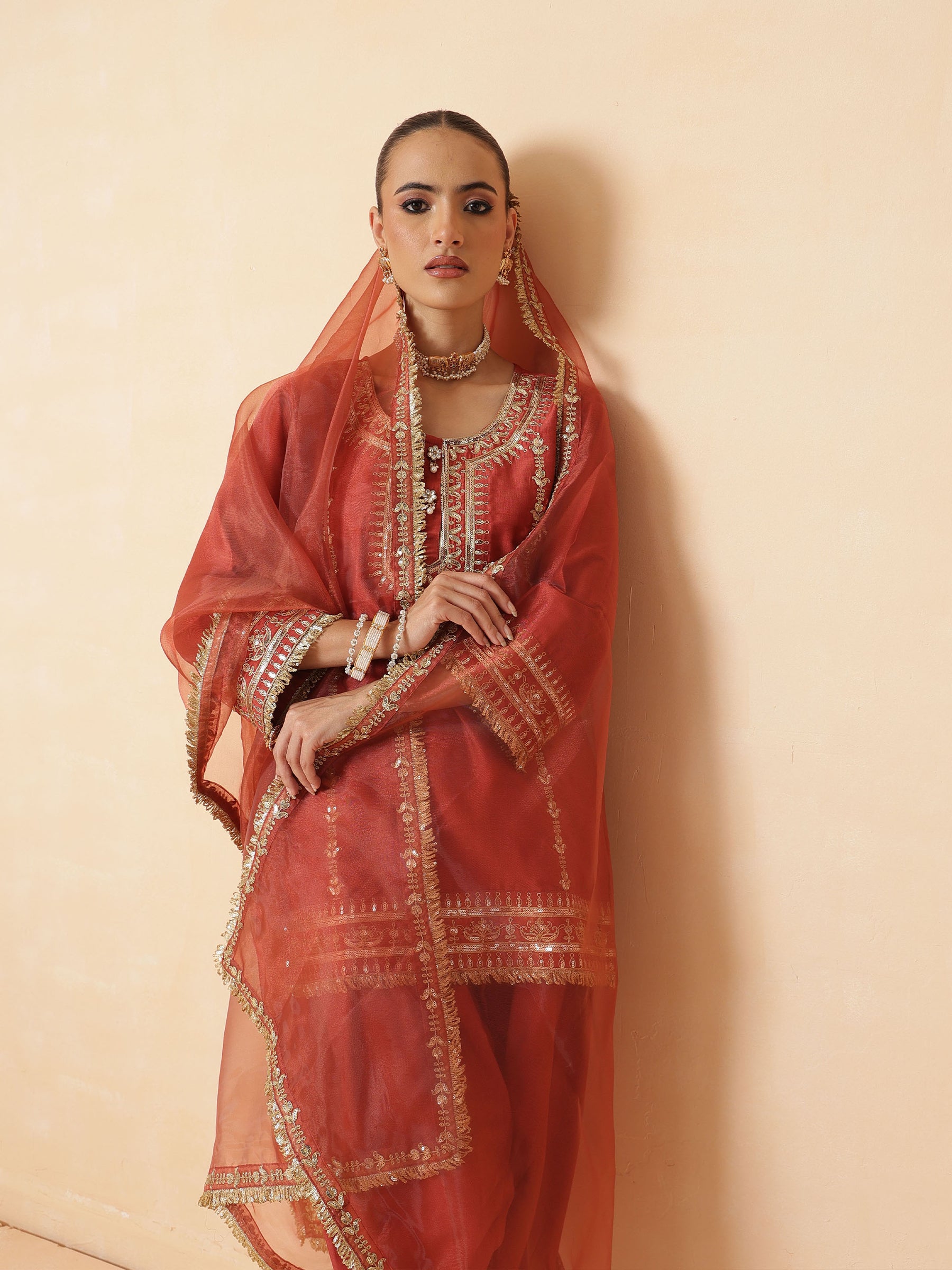 Women Rust Embroidered Short Kurta With Farshi Salwar & Dupatta